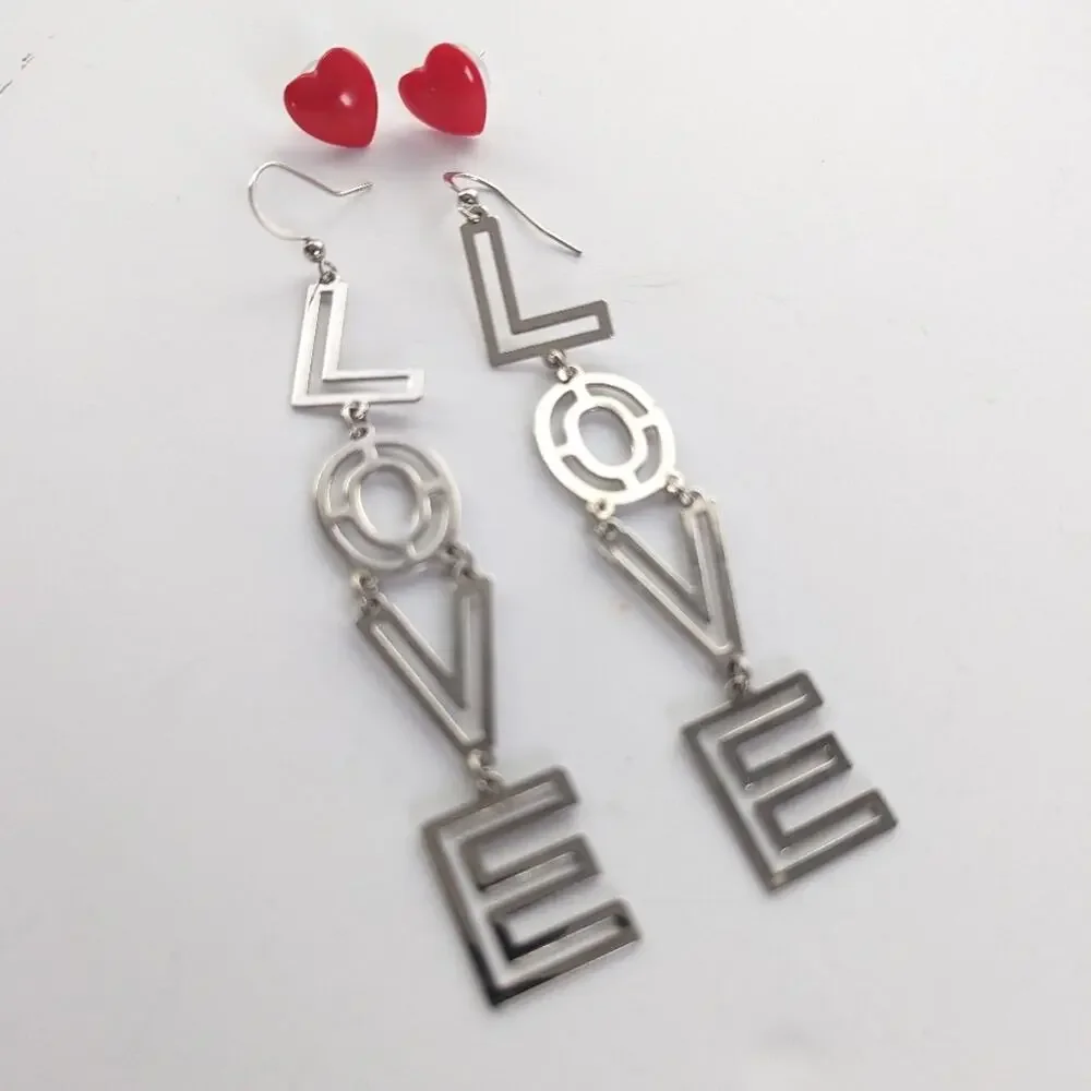 Vintage Hallmark Acrylic Red Valentines Heart and Long LOVE Dangle Hook Earrings